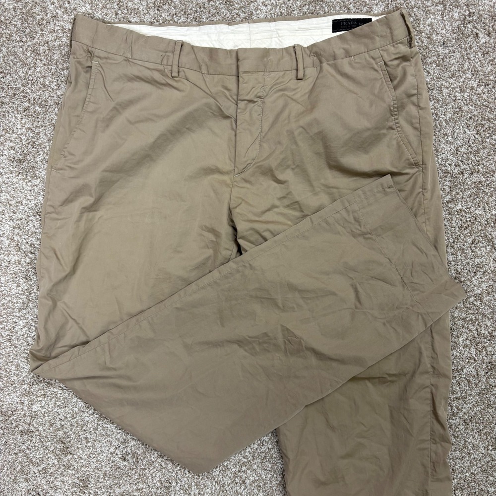 Prada Trousers Mens 52 Khaki Tan Cotton Straight Leg Flat Front Stretch Italy
